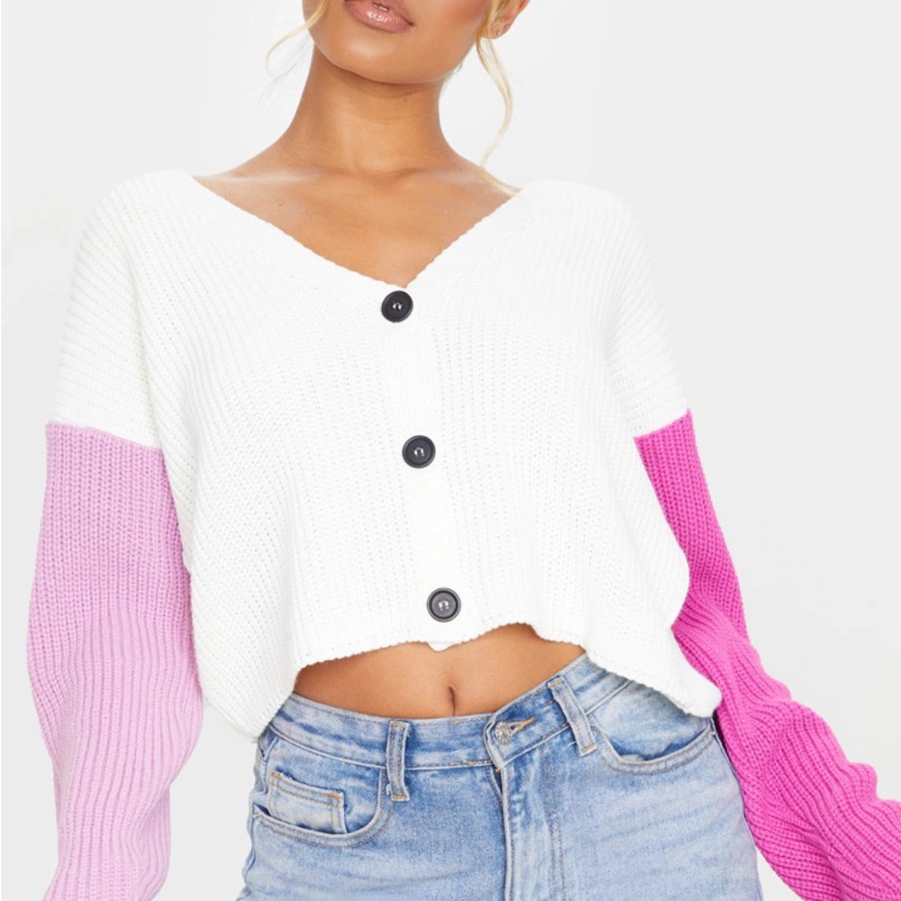 Large PrettyLittleThing White and Pink Sleeve Colorblock Button-Up Cardigan Cozy - Picture 1 of 12